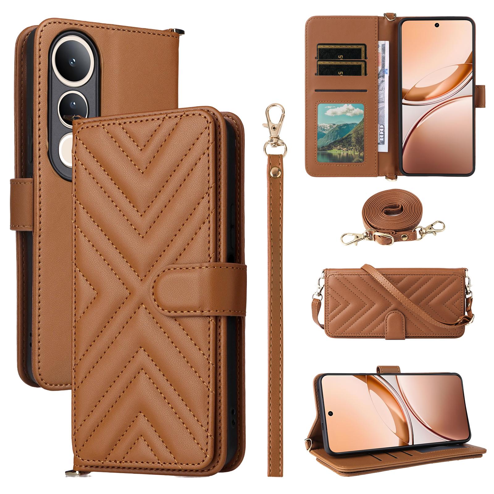 

For vivo V50 Lite 4G/5G Case with Shoulder Strap Wallet Leather Phone Cover Brown