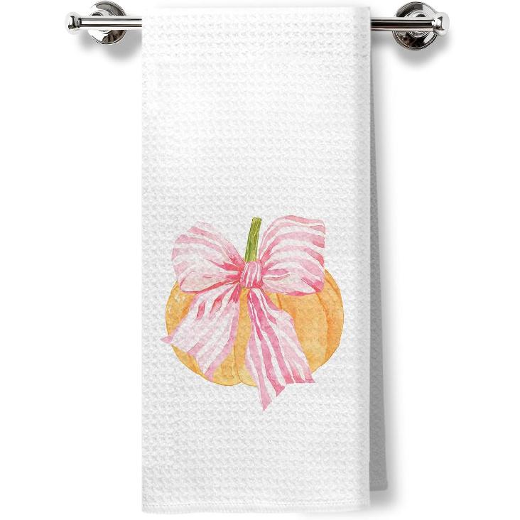 Blue Chinoiserie Pumpkin Fall Kitchen Towels, Coquette Preppy Blue Bow Fall Pumpkin Hand Towels for Dorm Bathroom, Farmhouse Autumn Dish Tea Towel Color 02