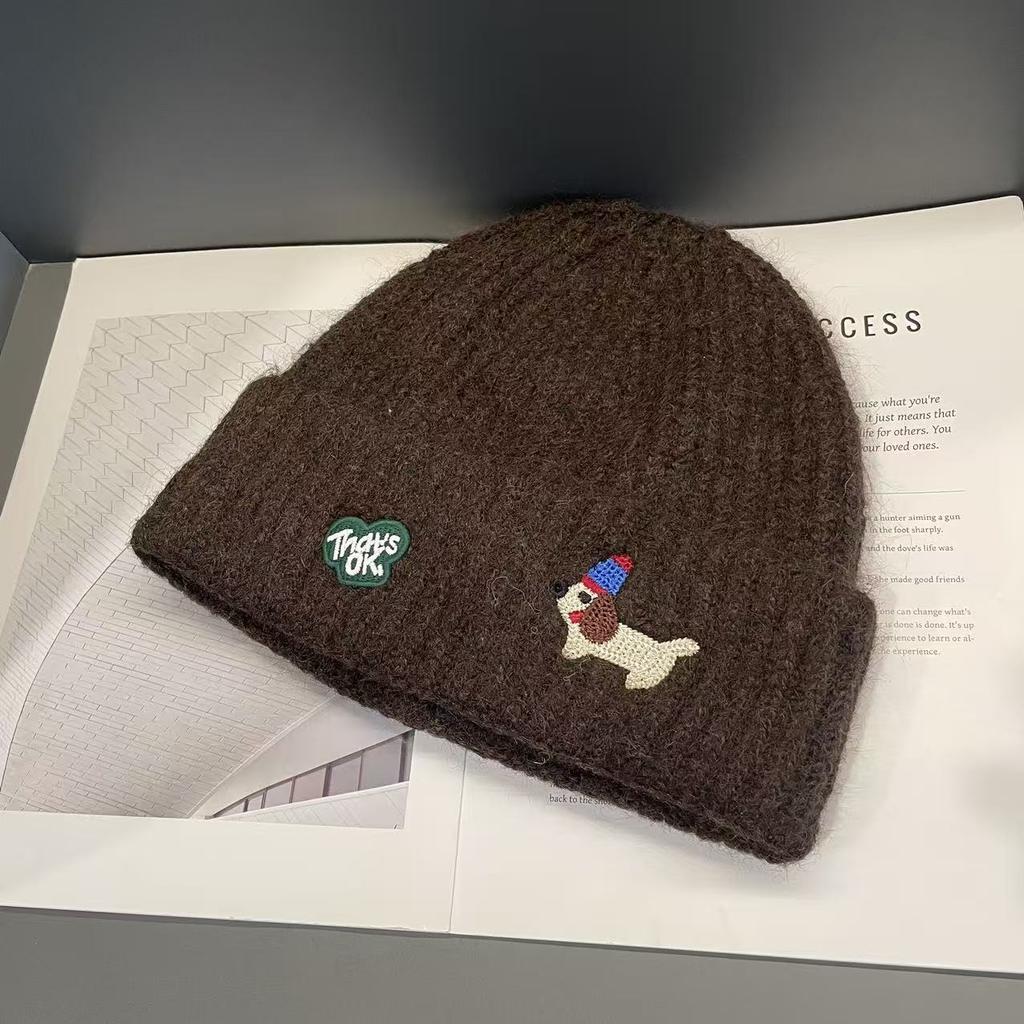 Korean Autumn and Winter New Puppy Embroidered Woolen Hat for Women with Big Head Circumference and Face Showing Small Pullover Knitted Hat