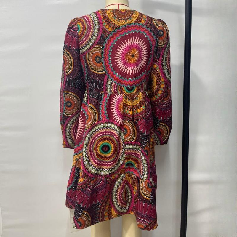 Mode Vintage Print A-Linie Locker Lässige Kleider Damen Puff Langarm Elegant V-Ausschnitt Slim Sexy Kleid Damen Sommer Strandurlaub Kurzes Kleid 25886