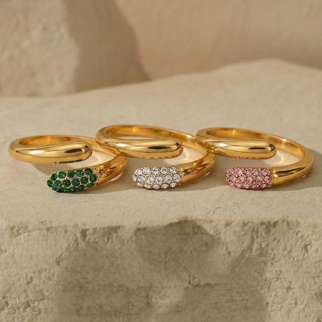 Simple Green & White Rhinestone Tri-Color Open Ring: 18K Gold-Plated Stainless Steel, European & American Style.
