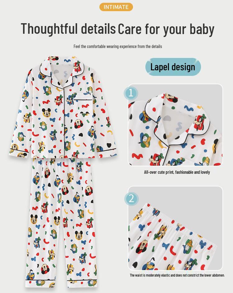 Children's Cartoon Print Pajama Set - Long Sleeve Cardigan with Turn-Down Collar, Imitation Cotton, for Spring and Autumn