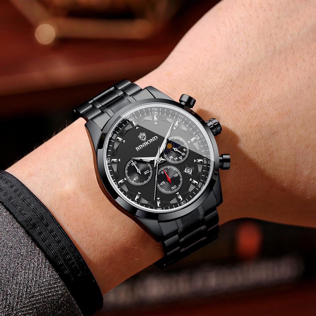 BINBOND Waterproof Chronograph Men's Watch Fashion Reloj Luxury Sports Precise Quartz Wristwatch For Men Durable Luminous
