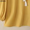 VONDA Summer Women V-Neck 3/4 Sleeve Embroidery Hem Casual Blouse