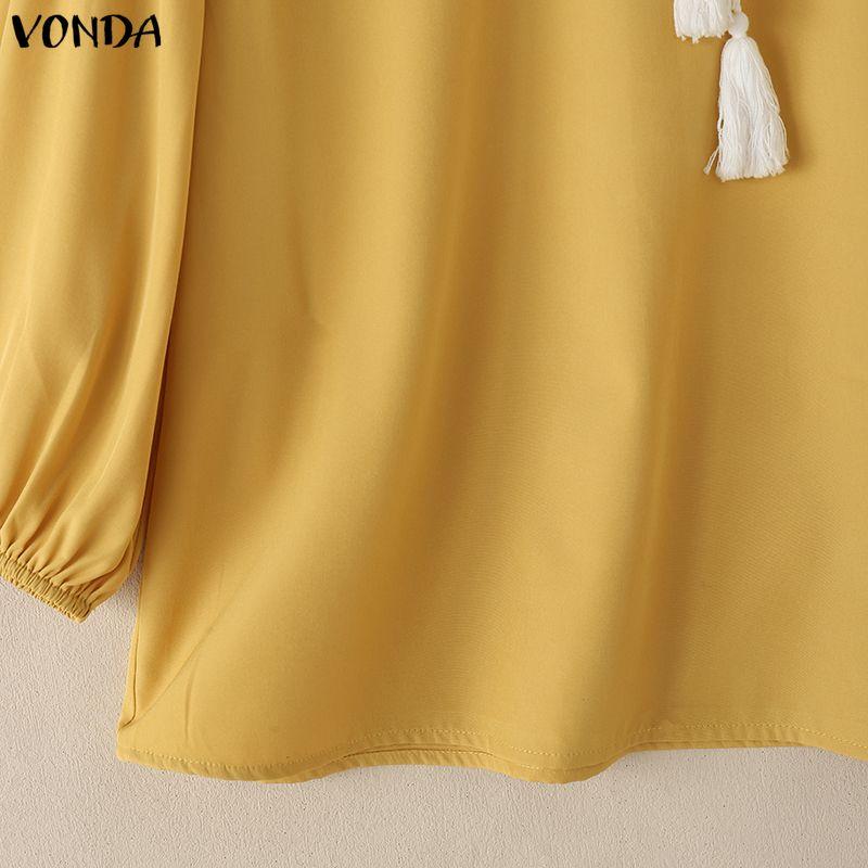 VONDA Summer Women V-Neck 3/4 Sleeve Embroidery Hem Casual Blouse