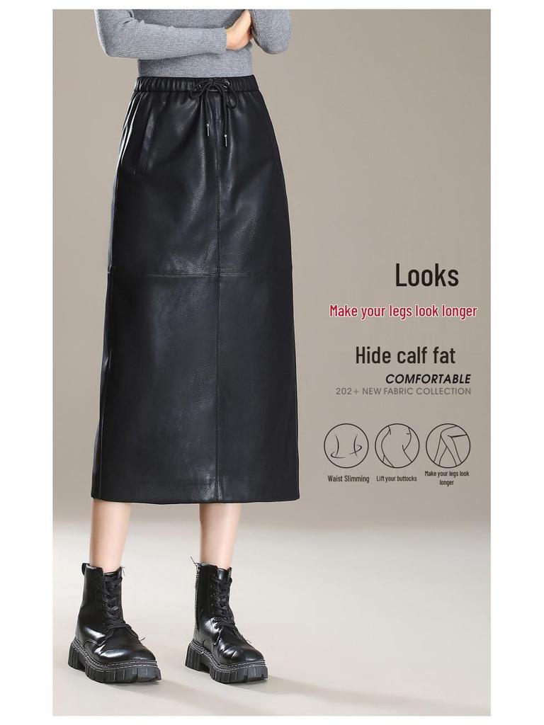 Elegant Slimming Mid-Length Lambskin Skirt with Slit for Women - Fashionable High-End Casual Style