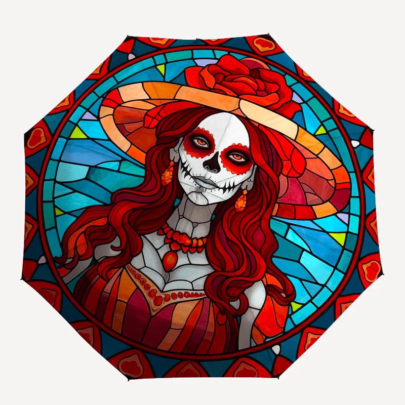 Day of the Dead Sugar Skull Stained  DecorUmbrella, Portable 3-Fold Compact Umbrella,Christmas Gift ES664