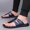 Men Black Leather Slippers Simple Flats Summer White Flip Flops Outdoor Sandals Blue Open Toe Beach Shoes Plus Size