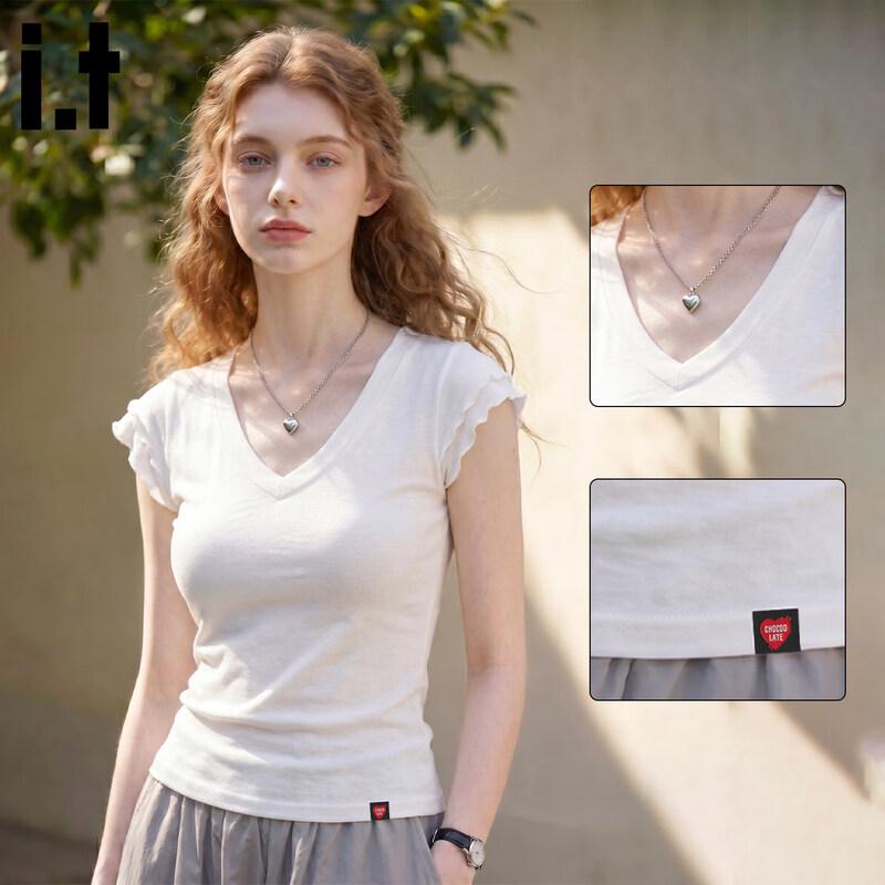 CHOCOOLATEit Women's Slim Fit V-Neck Frilled Short Sleeve T-Shirt