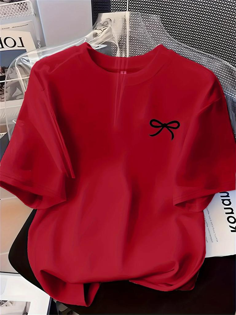 New WoUnisexs Tshirt Black Bow Printed Simple Style Casual Fashion Short Sleeve Tshirt Soft Comfortable Summer WoUnisex Clothing