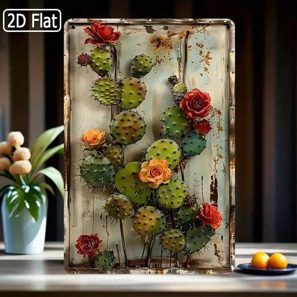 Vintage Metal Wall Art Rustic Tin Sign Cactus Flower Retro Decor