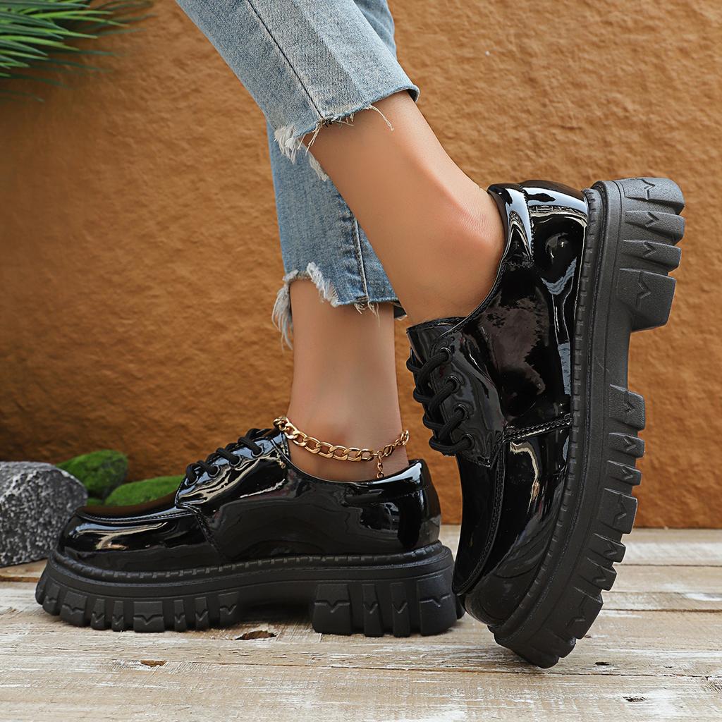 Fashion Black Platform Loafers for Women 2025 Autumn Thick Sole Patent Leather Dress Shoes Woman Non Slip Lace Up Oxfords Shoes