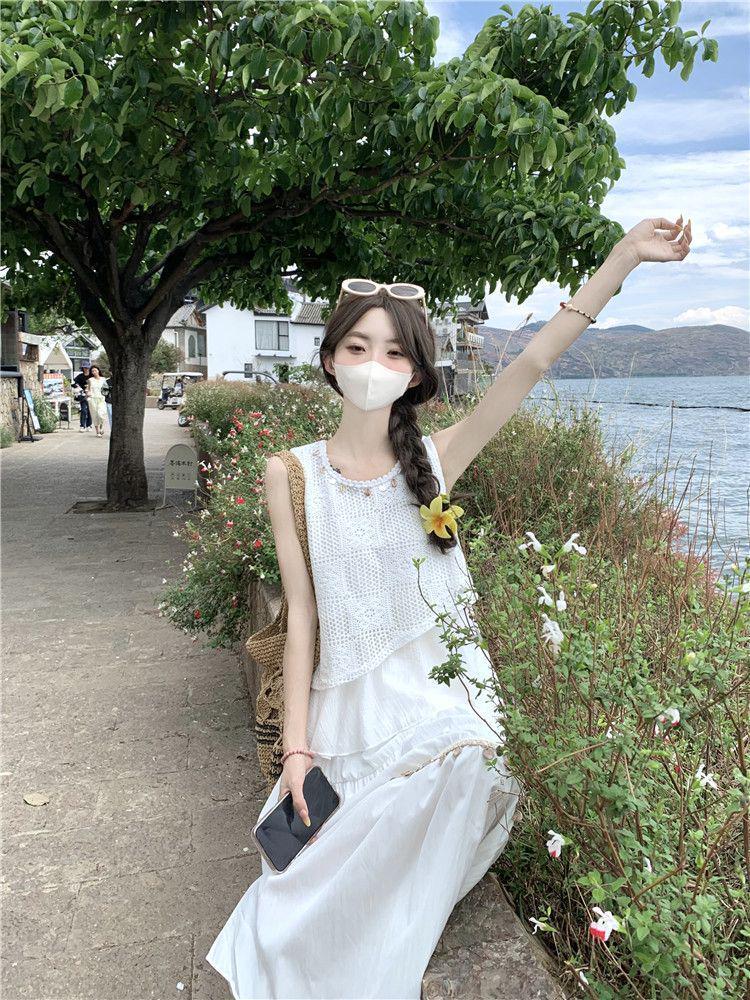 2025 Summer Ethnic Chinese Retro Hollow Camisole Dress Set - Sleeveless, High Waist, Two-Piece