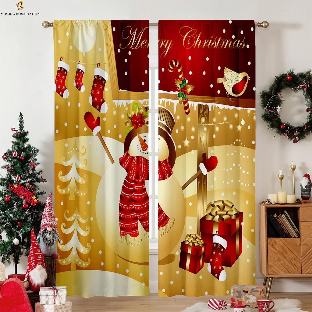Weihnachtsmann Glocke Cartoon Gedruckte Vorhänge Polyesterfaser Kinderzimmer Restaurant Party Fensterdekoration Vorhänge 2 Stück