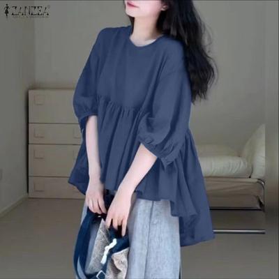 Women Casual Round Neck Loose Half Sleeve Irregular Hem Blouse