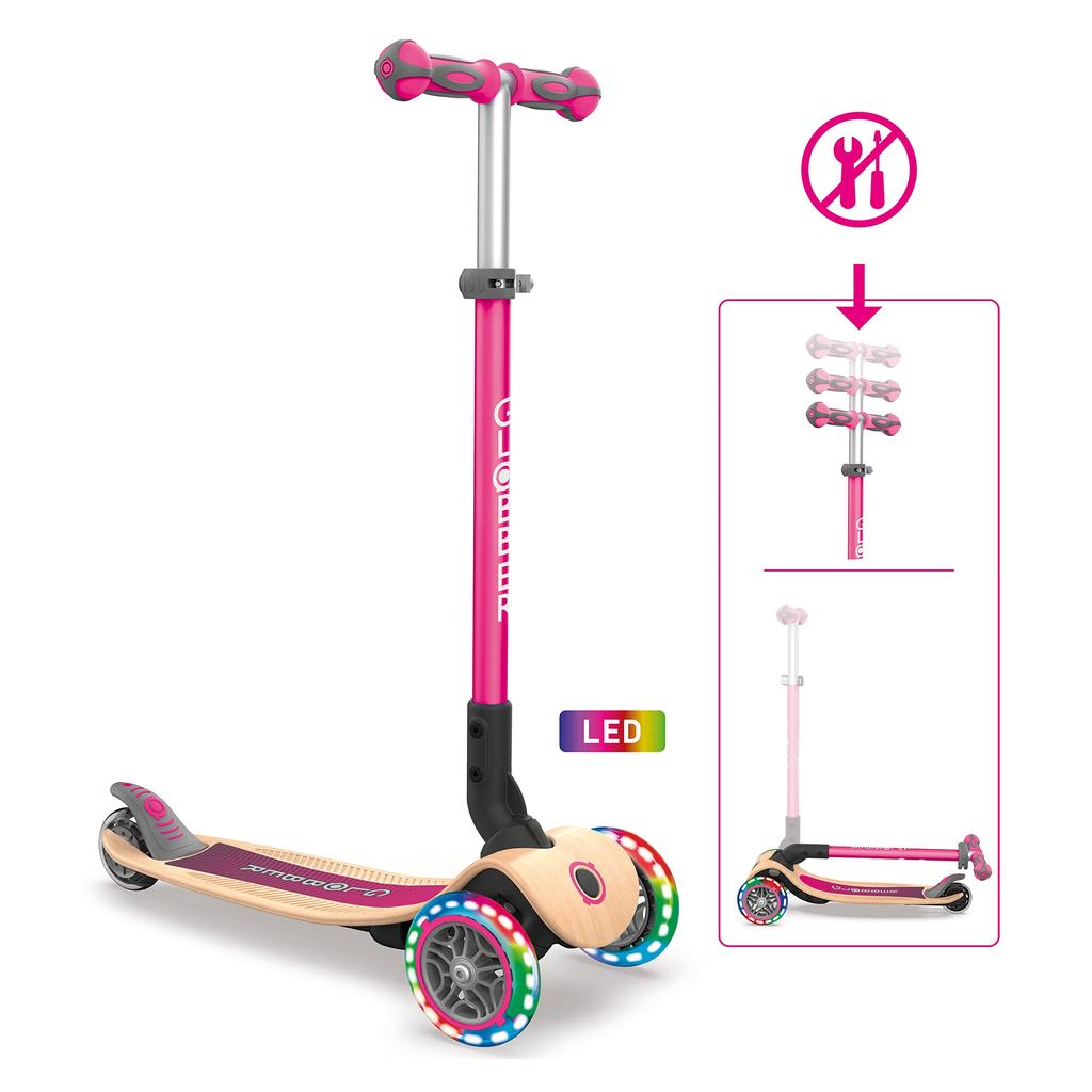 GLOBBER Kickboard Flash Light 3 Wheels Wood Deck Foot Brake Outdoor Play Kids Vehicle Kick Scooter Navy Pink WLGB436110 Primo/Foldable/Wood/Light