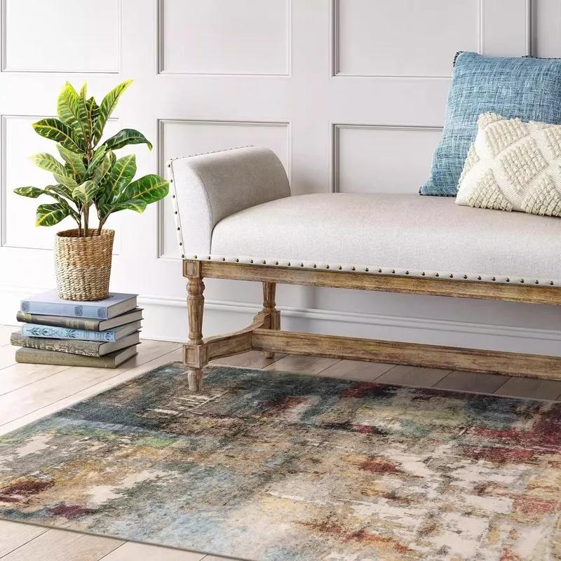 Modern Abstract Watercolor Area Rug Teal Orange Mix Distressed Texture Non Slip Washable Large Living Room Sofa Carpet