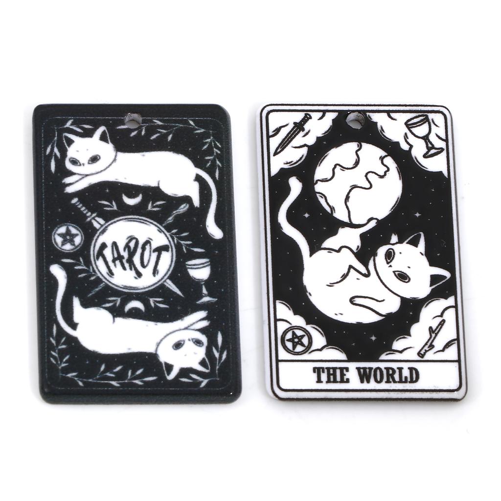 5PCs Black White Acrylic Tarot Pendants Rectangle Cat Double-sided Charms For DIY Earrings Necklace Jewelry Making 3.8cm X 2.3cm