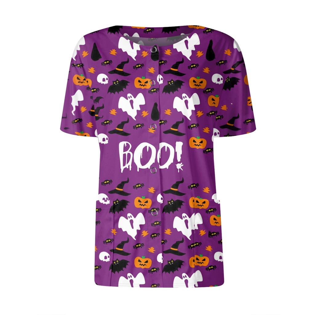 Women's Short Sleeved Patterned Pockets, Work Print Stand Up Collar, Single Breasted Protective Clothing, Cardigan Jacket, Top