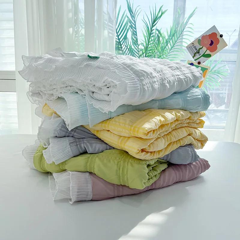 Princess Style Seersucker Summer Quilt Four-Piece Dormitory Chiffon Lace Airable Cover Machine Washable Thin Duvet