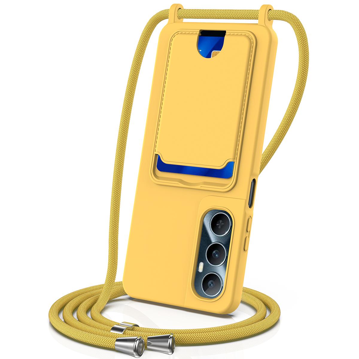 

For Realme C65 4G Case Liquid Silicone Card Holder Back Phone Cover with Lanyard Yellow