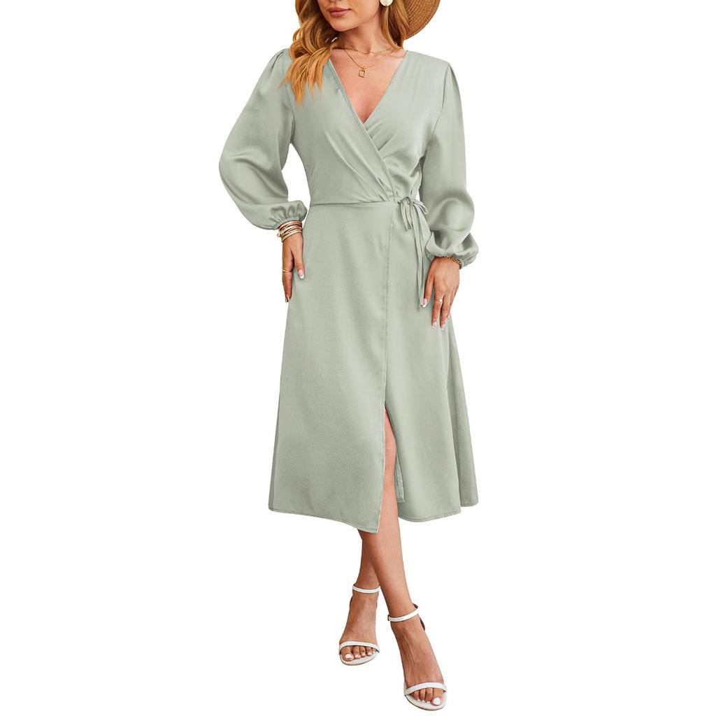 Spring Summer Women's Satin Solid V-Neck Slit Hem Sexy Dress, European American Style Casual Elegant Party Dress