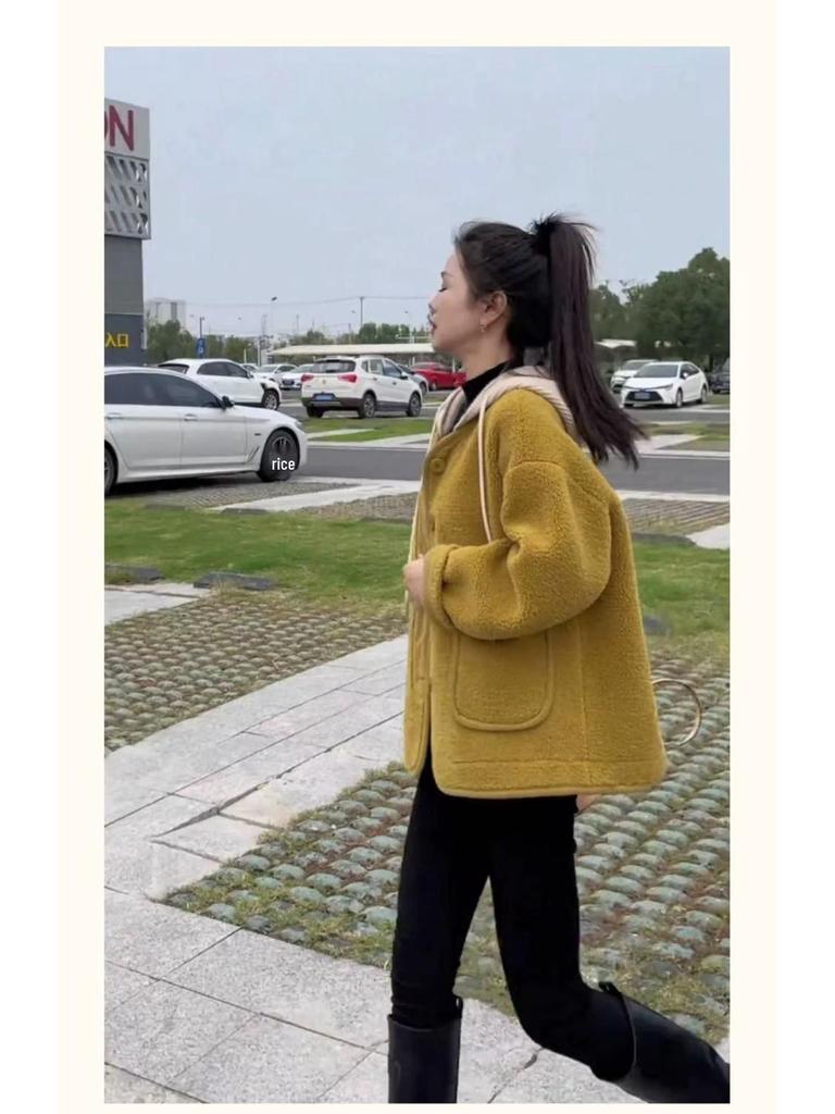 Women's Lambswool Fur-Lined Hooded Jacket - Autumn/Winter Loose Slimming Versatile Top