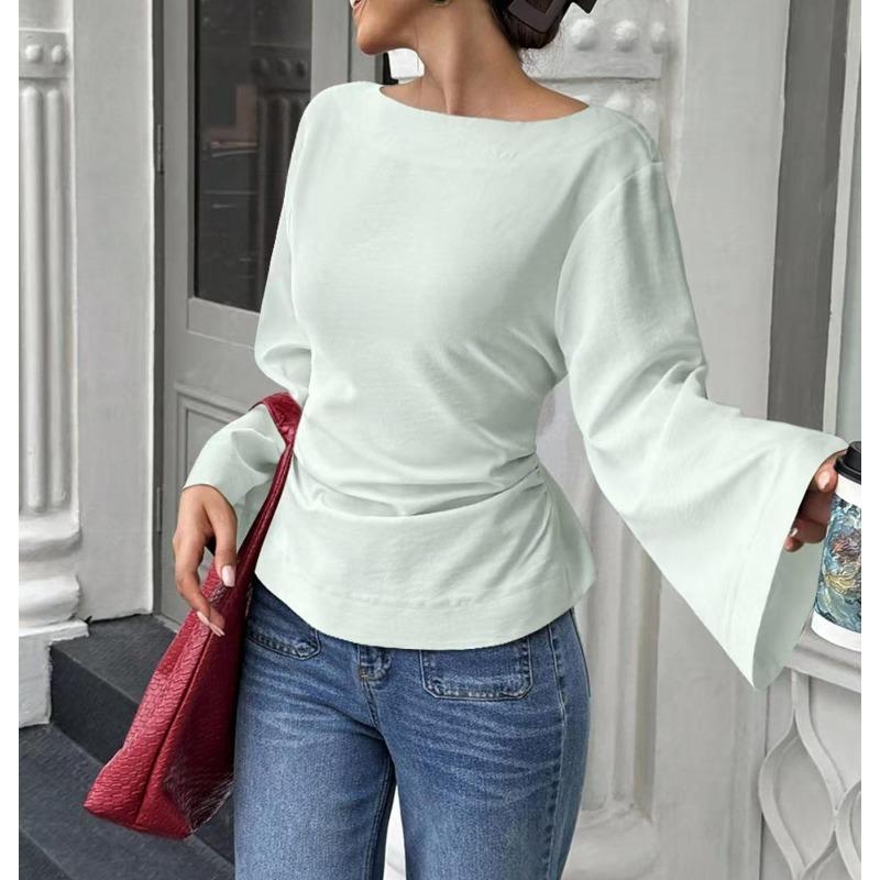 New Color-block Trendy Casual Versatile Fitted Boat-neck Personalized Street-style Wide-sleeved Top T-shirt