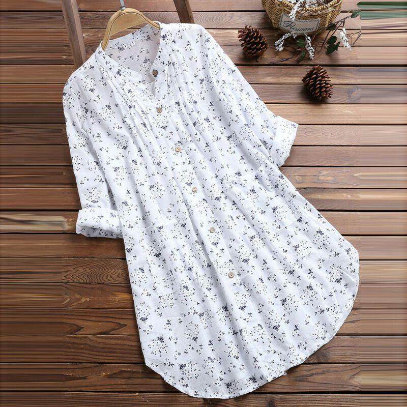 Elegant Women V-neck Long Sleeve Flower Print Linen Shirt Ladies Casual Loose Blouse Top