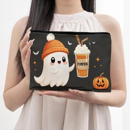 Digital Print Pouch Halloween Theme Cosmetic Bag, Durable Canvas Zipper Makeup Pouch, Storage Bag Portable for Stationery And Daily Cute Organizer