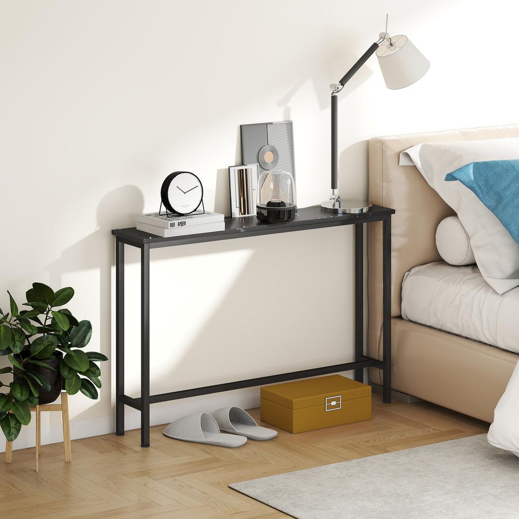 Schmale Eingangskonsole mit Marmor-Effekt-Oberfläche und Metallrahmen 100x20x66 cm Schwarz