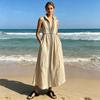 Maxi Abito Estivo da Donna Senza Maniche, Abito Lungo A-line con Zip e Collo Alto, Abito da Spiaggia a Blocchi di Colore con Tasche