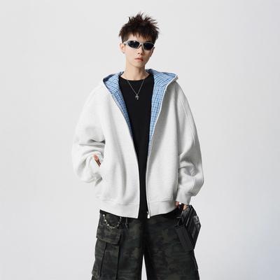 Splicing Plaid Sweater Men's Autumn High Street Hoodie Casual Couple Jacket