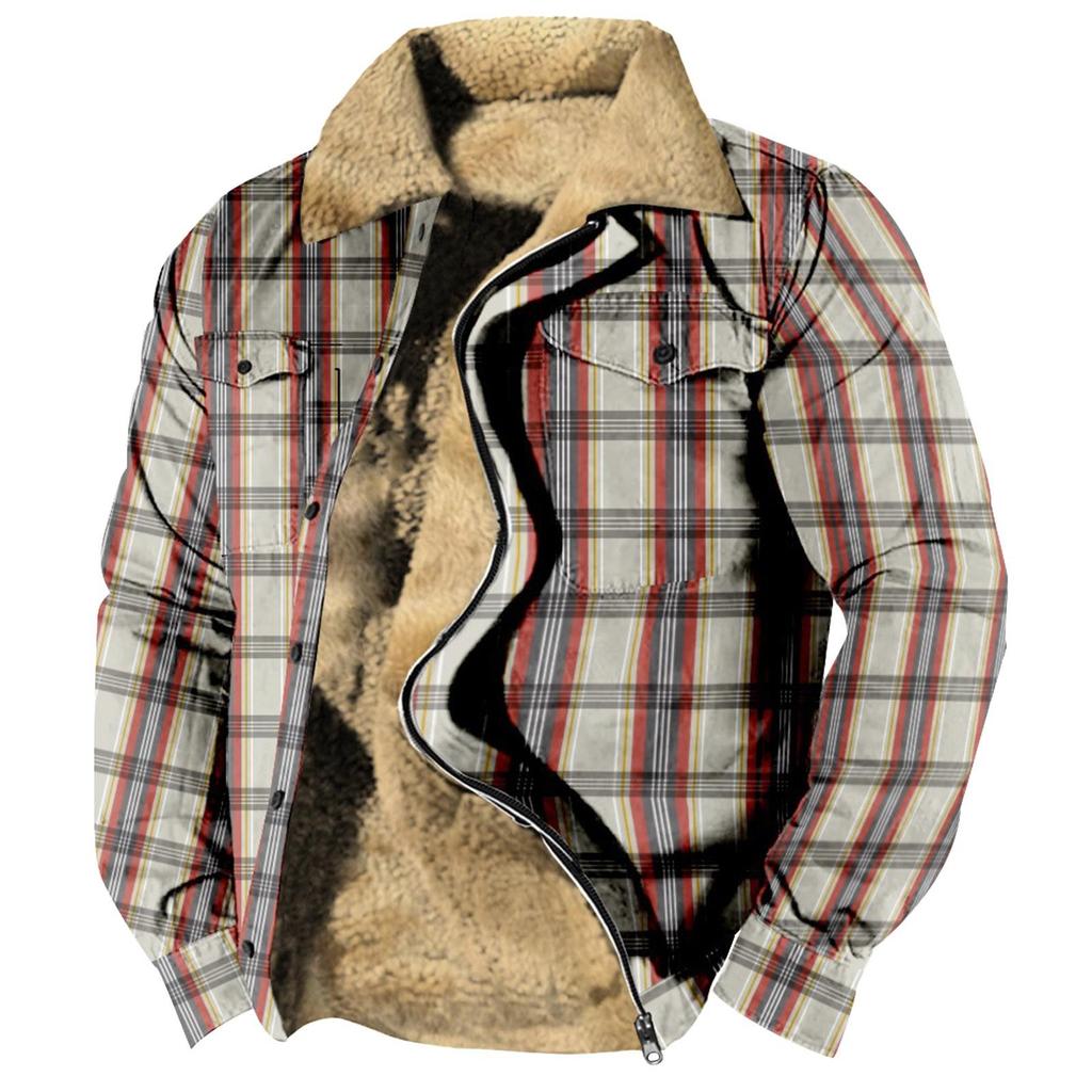 Men's Plaid Print Fleece Thickened Coat Jacket Men's Casual Fashion Warm Coat
