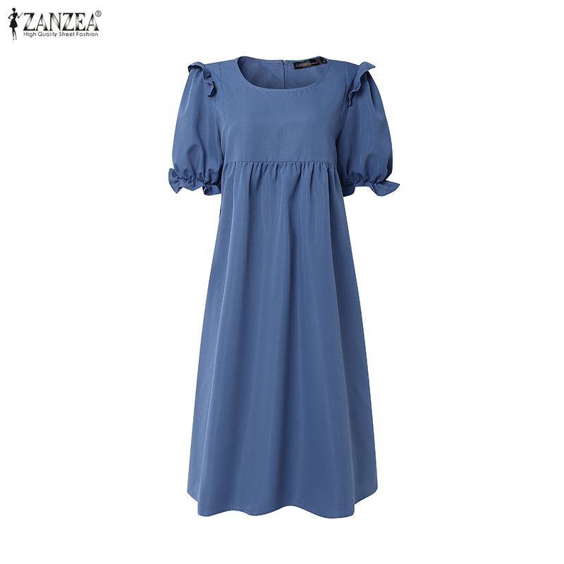 ZANZEA Abito Casual da Donna Girocollo Tinta Unita Largo Manica Corta