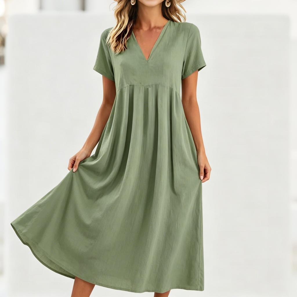 Robe midi décontractée confortable en tissu léger pour femme, col en V, manches courtes, coupe ample, avec poches, robe d'été