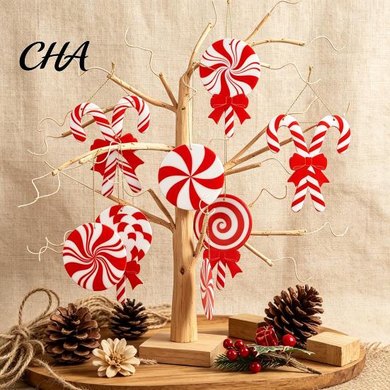 Rustic Wooden Christmas Tree Pendants 12/24/36 Pcs Candy Decorations, Lollipop Picks for Tree, Red Decorative Hanging Candies Holidays White