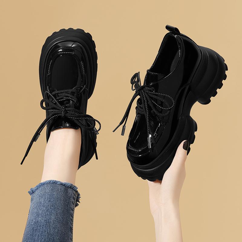 British Style Small Leather Shoes Korean Height-increasing Women's Black Patent Leather Thick-soled Thick-heeled Lace-up Loafers