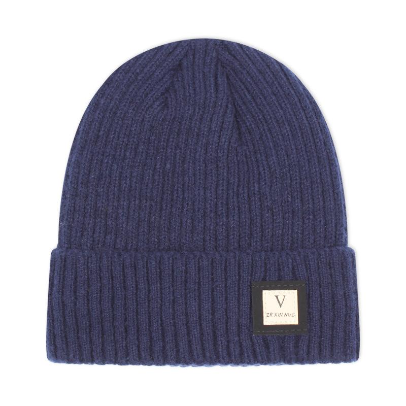 

Мужская зимняя утепленная шерстяная вязаная шапка с флисовой подкладкой, модная универсальная однотонная шапка в корейском стиле темно-синий