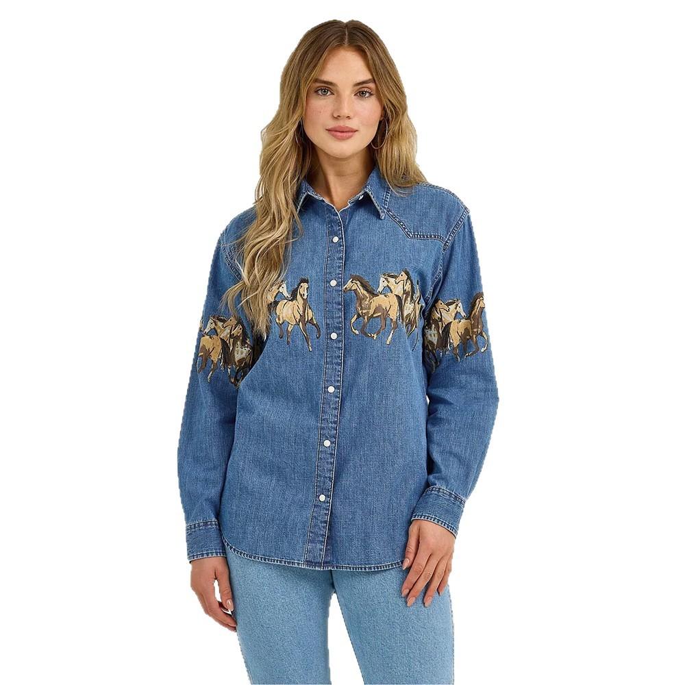 Autumn Retro Denim Lapel Shirt and Fashionable Wild Horse Print Denim Jacket