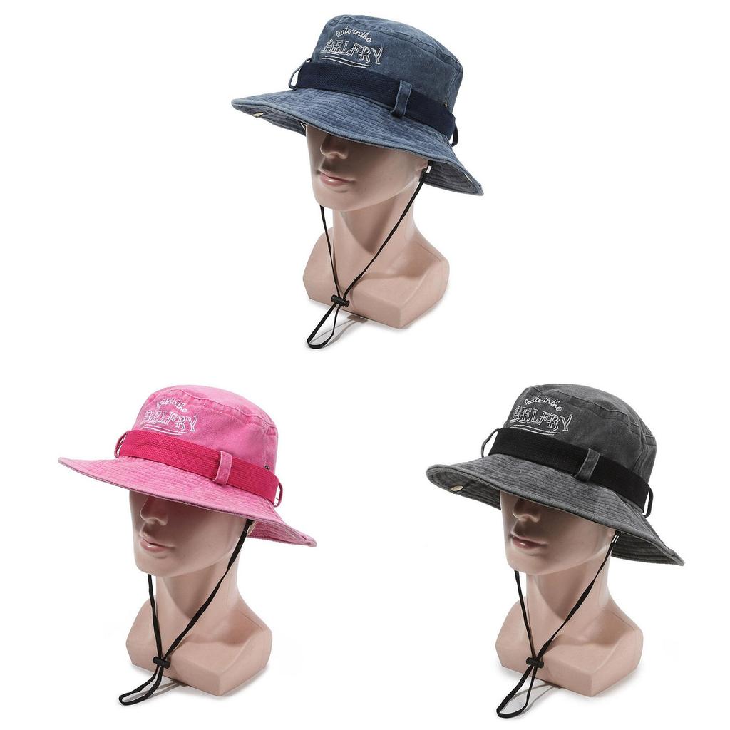 Outdoor Wide Brim Cotton Hat With Windproof Rope For Men And Women Summer Sun Protection
