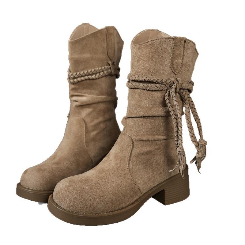 Women's Fringe Mid-Calf Boots, Vintage Chunky Heel Riding Boots, Western Style Fashion Booties for Women
