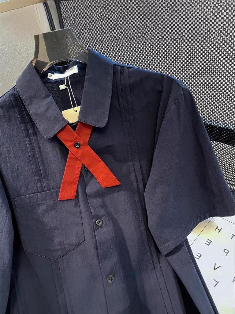 Women's Dark Blue Japanese Academy Style Short-Sleeve Tie Shirt - Casual Retro Loose Fit Crop Top