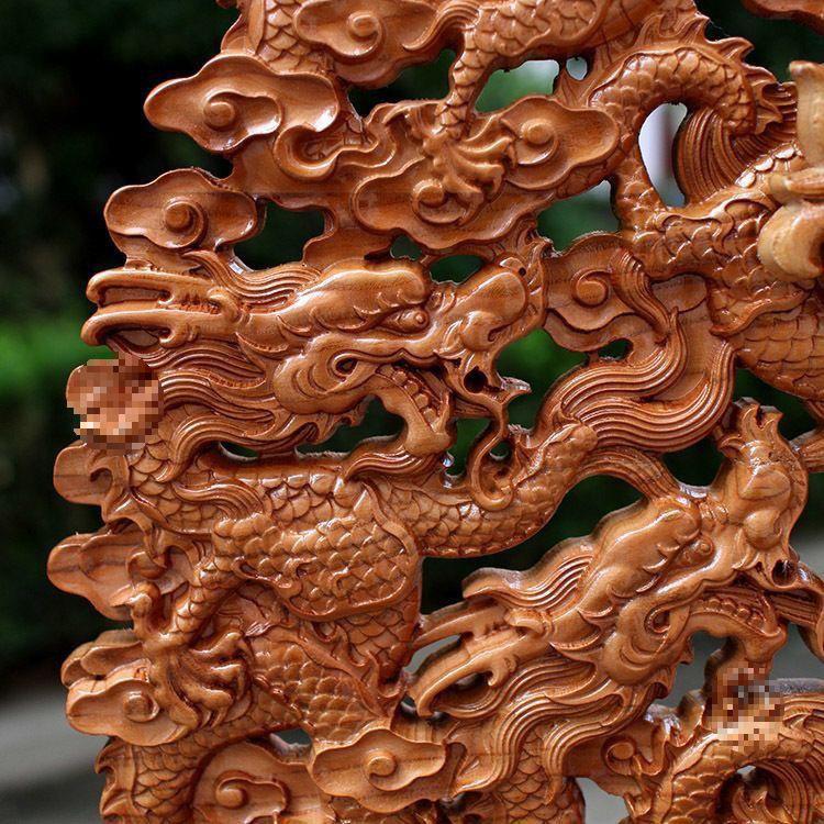 Nine Dragons Peach Wood Pendant: Hand-Carved Hanging Ornament for Home Entrance or Living Room Decor.