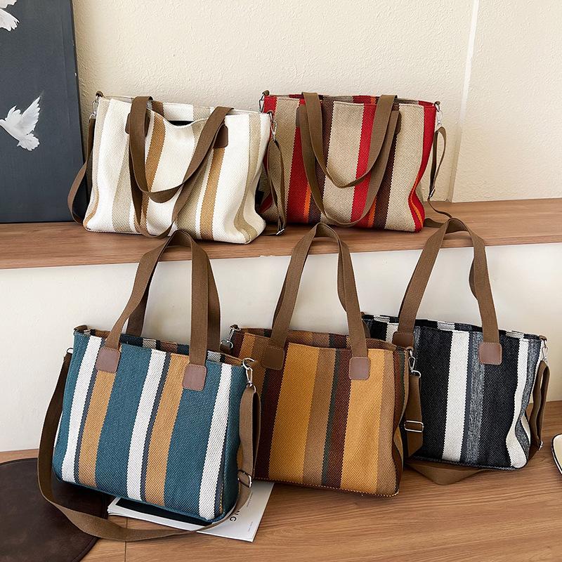 Striped Large-Capacity Women'S Bag Commuter Casual Foreign Style Portable Tote Shoulder Messenger Bag