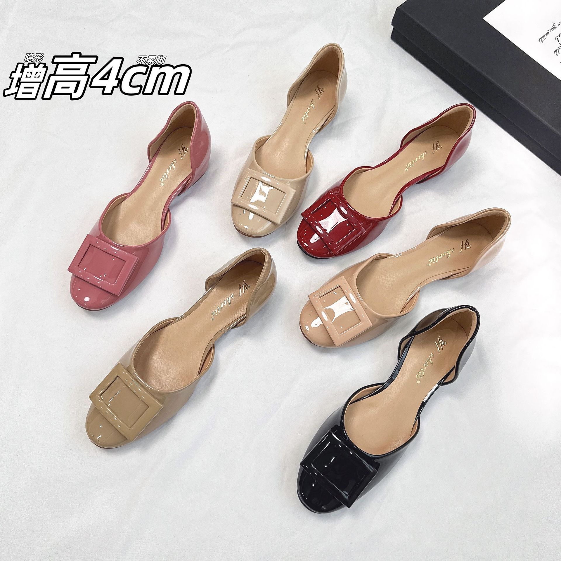 Height increase 4CM paint square buckle patent leather hollow single shoes women's 2025 new Xiaoxiangfeng round head shallow mouth flat shoes cm