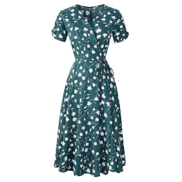 Bohemian Beach Dress Women Chiffon V Neck Short Sleeve High Waist Big Hem Spring Summer Print Sizes S to XXL