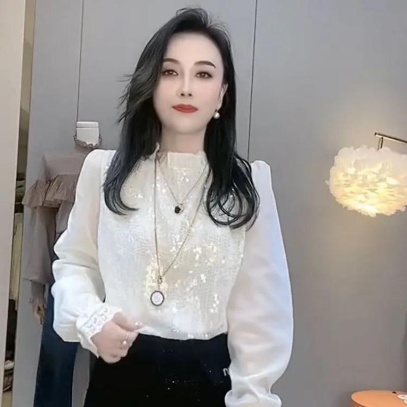 Женская блузка с пайетками, воротник-стойка, пышные рукава, кружевные манжеты, рубашки S