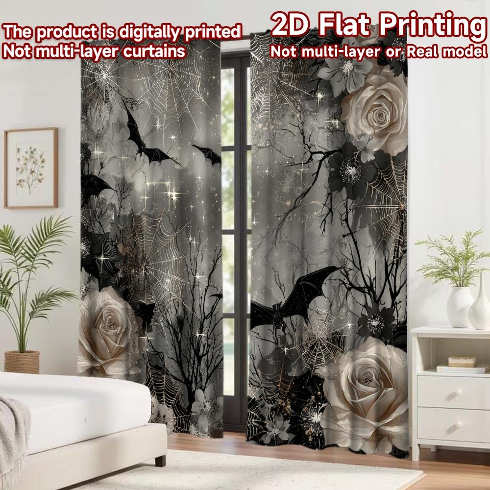 2D Flat Printing 2pcs Curtain Party Curtains Halloween Bats and Webs Digital Printed Polyester Drapes Birthday Party for Festive