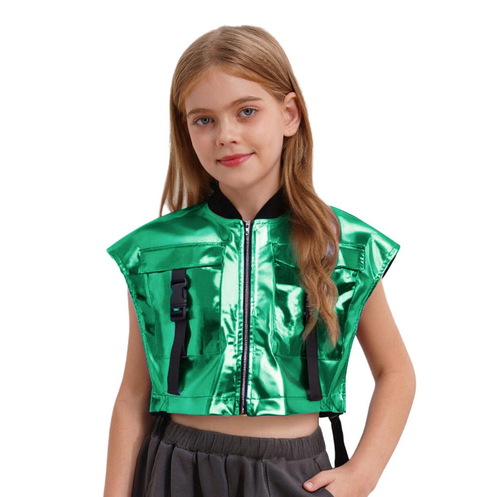 Chaleco de Jazz para Escenario para Niñas: Chaqueta Metálica con Aberturas Laterales, Bolsillos con Cremallera y Hebilla, Top de Rendimiento sin Mangas